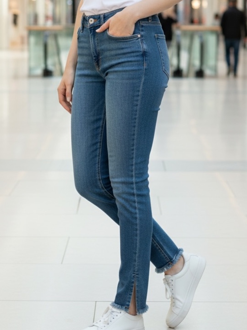 LOFT Blue Skinny Ankle Jeans with Raw Hem Slit